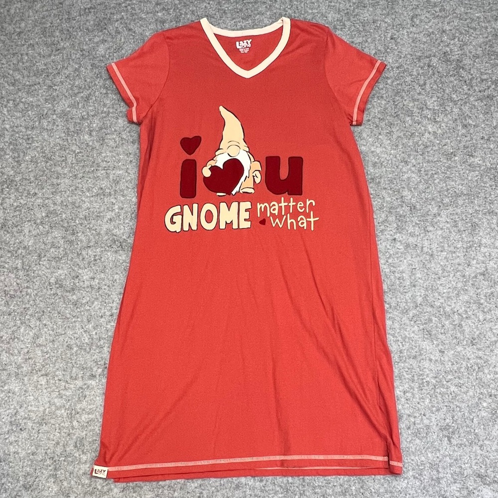 Lazy One I Gnome Matter‎ What V-Neck Nightshirt Red Cotton Sleep Dress S/M